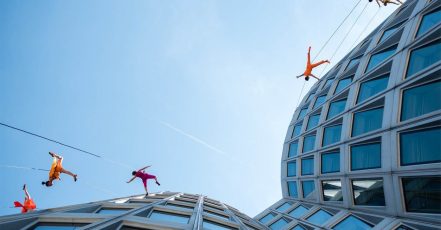 Final rehearsal for "Momentum Curve," a vertical dance performance by the American facade dancers BANDALOOP, created exclusively to celebrate the 50th anniversary of the BMW Tower in Munich.