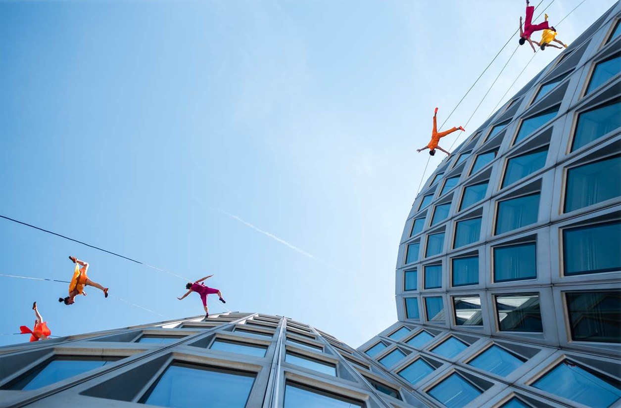 Final rehearsal for "Momentum Curve," a vertical dance performance by the American facade dancers BANDALOOP, created exclusively to celebrate the 50th anniversary of the BMW Tower in Munich.