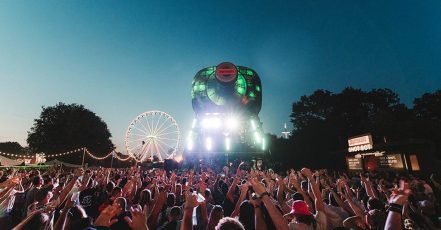 Open-air rave in front of the Jägermeister giant bottle on the festival Saturday at Parookaville 2022, featuring a performance by DJ ESKEi83