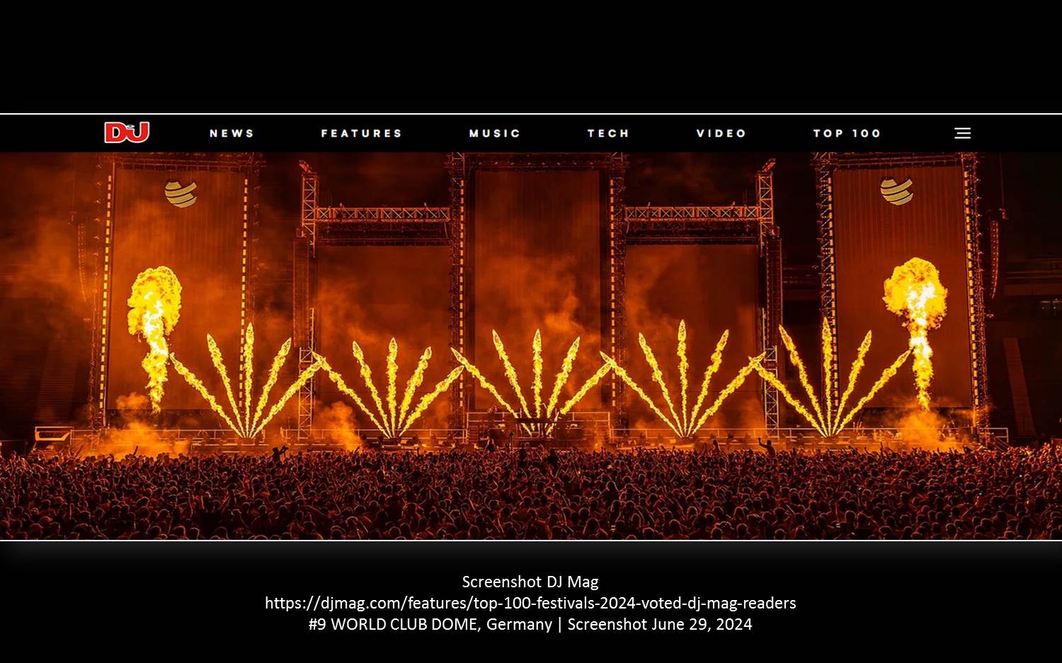 Screenshot from June 29, 2024 of the DJ Mag festival ranking website. 9th rank for WORLD CLUB DOME, Germany (Source: DJ Mag, djmag.com)