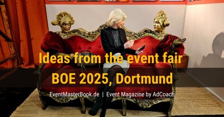 Monika Monzel, EventMasterBook.de editorial team, on the living sofa from TukkersConnexion at the BOE 2025 event fair in Dortmund, Germany (Photo/Copyright: EventMasterBook.de Editorial Team)