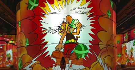 Scene from the new show at Phoenix des Lumières, Dortmund – Asterix & Obelix, An Immersive Adventure (Coyprights: Culturespaces / André Sasse)