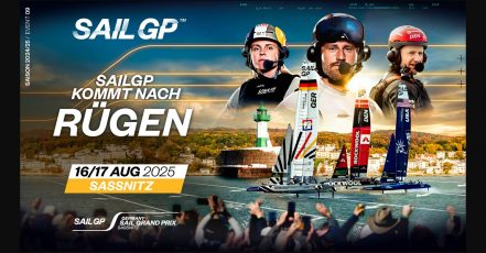 Official visual for the first SailGP Germany, August 16–17, 2025, Sassnitz, Rügen. (Image source: sailgp.com / via Schröder+Schömbs PR)