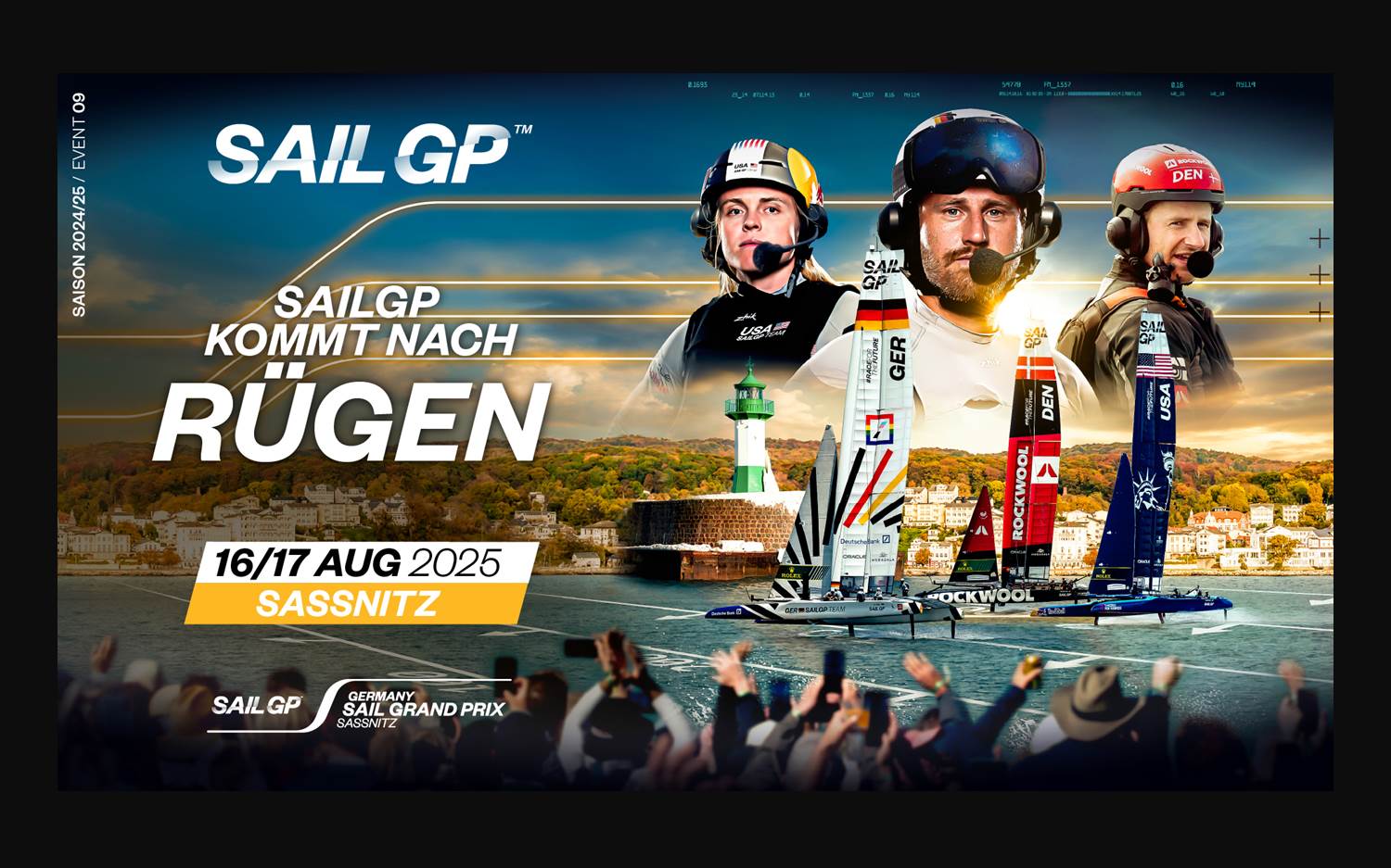 Official visual for the first SailGP Germany, August 16–17, 2025, Sassnitz, Rügen. (Image source: sailgp.com / via Schröder+Schömbs PR)