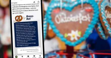 AI at Oktoberfest 2025 in Munich - The AI-powered chatbot BreznBot displayed on a smartphone screen. (Credit: BR / Julia Knoblauch; Image collage: Wolfgang Zehentmeier)