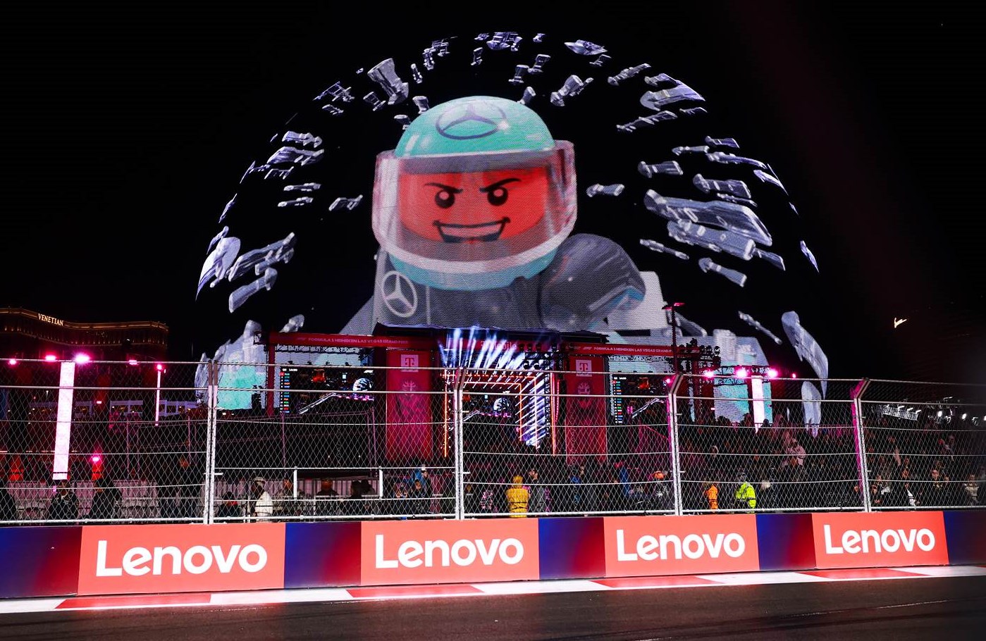 Visually striking LEGO scenes wowed F1 fans on the digital exterior of the Sphere in Las Vegas (Image source: LEGO Group)