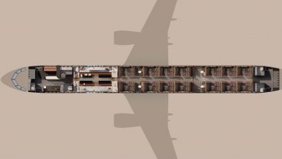 The BOW, an innovative modular narrowbody cabin concept by Lufthansa Technik and Designworks. The image illustrates the cabin configuration featuring a bar zone, lounge, and private suites. (Credits: Designworks and Lufthansa Technik)
