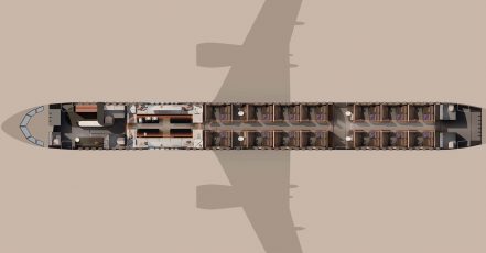 The BOW, an innovative modular narrowbody cabin concept by Lufthansa Technik and Designworks. The image illustrates the cabin configuration featuring a bar zone, lounge, and private suites. (Credits: Designworks and Lufthansa Technik)