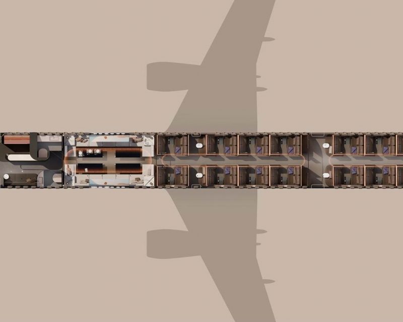 The BOW, an innovative modular narrowbody cabin concept by Lufthansa Technik and Designworks. The image illustrates the cabin configuration featuring a bar zone, lounge, and private suites. (Credits: Designworks and Lufthansa Technik)