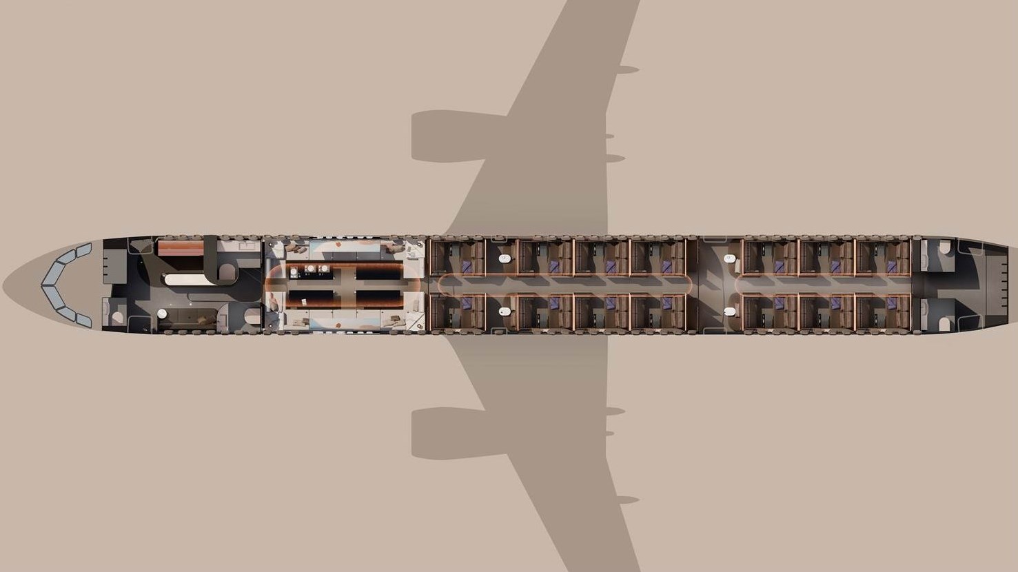  The BOW, an innovative  modular narrowbody cabin concept by Lufthansa Technik and Designworks. The image illustrates the cabin configuration featuring a bar zone, lounge, and private suites. (Credits: Designworks and Lufthansa Technik)