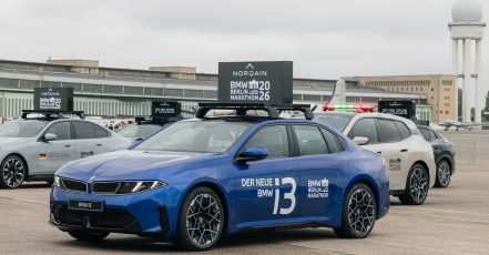The new BMW i3 served as the official lead vehicle for the men's elite race at the 2026 BMW Berlin Marathon. (Credit: BMW Group)
