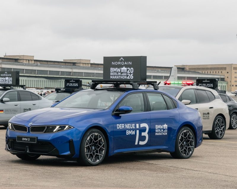 The new BMW i3 served as the official lead vehicle for the men's elite race at the 2026 BMW Berlin Marathon. (Credit: BMW Group)