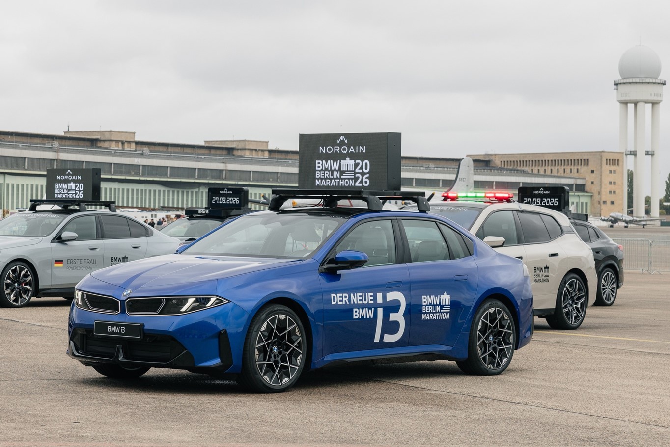 The new BMW i3 served as the official lead vehicle for the men's elite race at the 2026 BMW Berlin Marathon. (Credit: BMW Group)